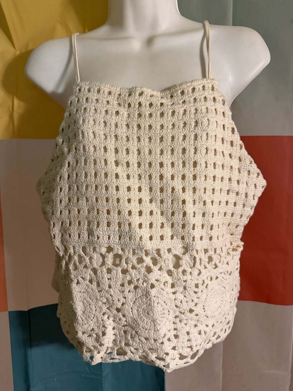 Love on a Hanger Crochet Tank Top Size L Beige Spaghetti Strap